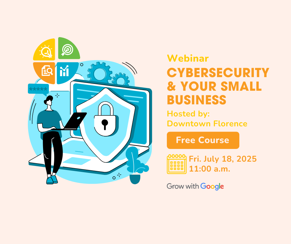 Graphic with person standing in front of a computer with shield to represent cybersecurity