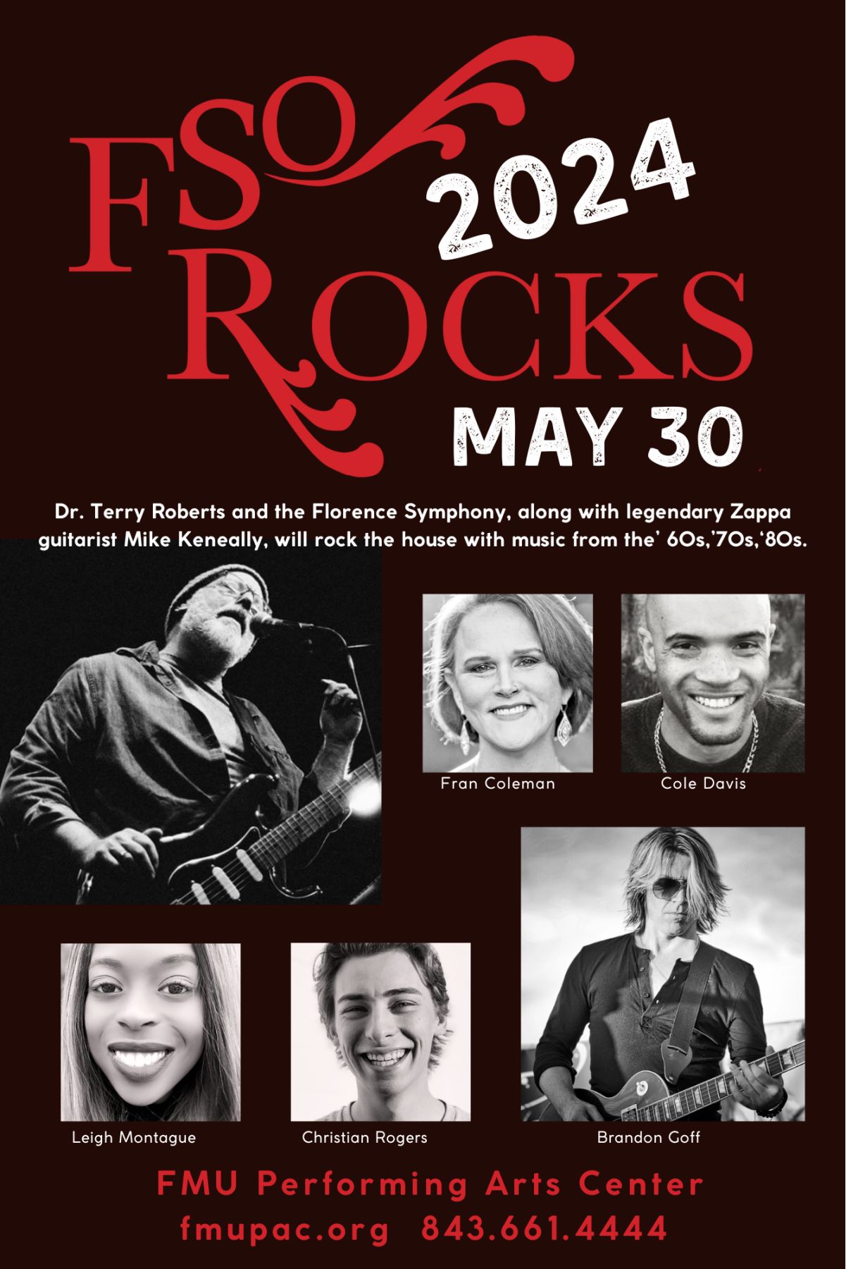 Black and white poster with red lettering featuring musicians from FSO Rocks Concert