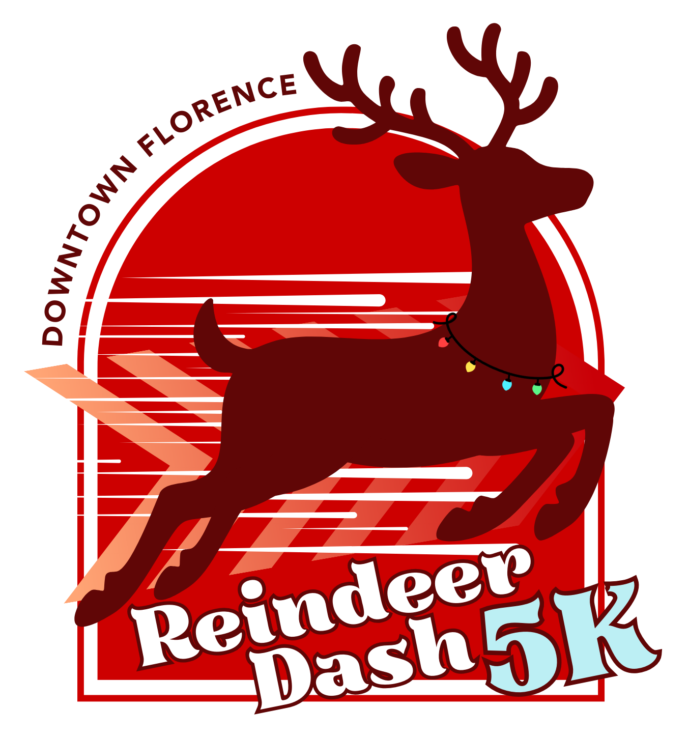 A reindeer against a red windowpane shape, text reads Reindeer Dash 5K